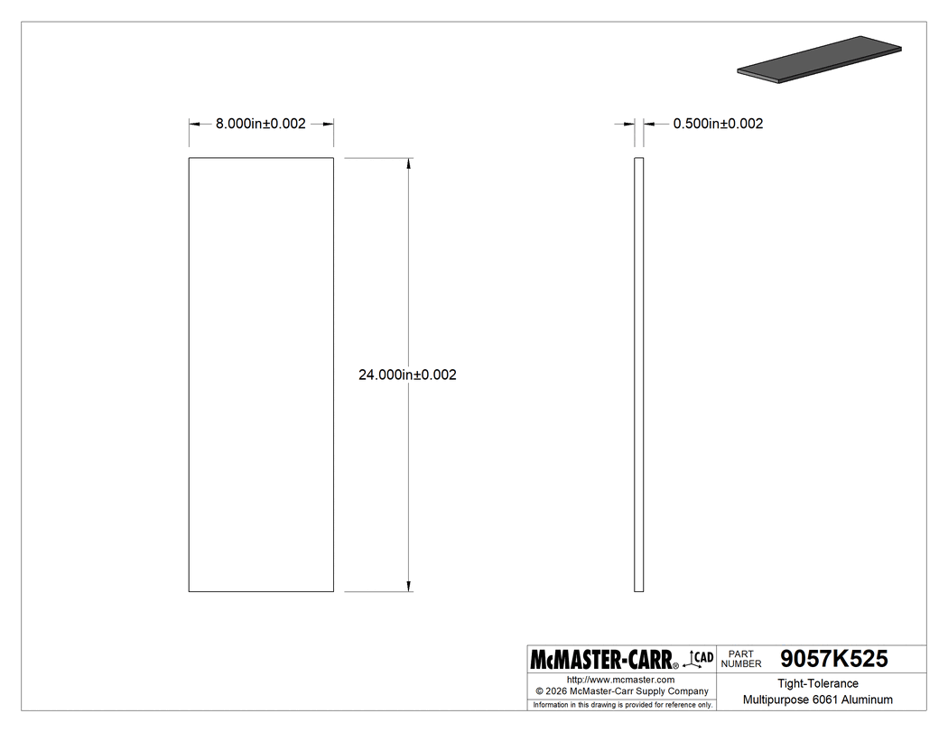 Technical Drawing of Tight-Tolerance Multipurpose 6061 Aluminum, Precision Ground on All Sides, 8" x 24" x 1/2" Thick.